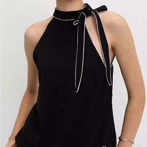 H&M Black Halter Neck Tie-Shoulder Blouse with White Piping